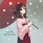  1girl bow brown_hair dated drill_hair hair_bow hakama harukaze_(kancolle) japanese_clothes kamikaze_(kancolle) kantai_collection looking_up meiji_schoolgirl_uniform nikuoji oil-paper_umbrella red_bow red_eyes red_hakama smile snow solo twin_drills twitter_username umbrella 