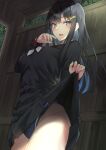  1girl bangs bare_hips black_hair blue_eyes blush breasts clothes_lift dress dress_lift hair_ornament kaerunoashi long_sleeves looking_at_viewer open_mouth original seductive_smile smile solo swimsuit swimsuit_under_clothes thighs 