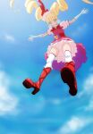  1girl aisaki_emiru blonde_hair blue_sky boots bow bowtie brown_eyes closed_mouth cure_macherie elbow_gloves eyelashes floating_hair frilled_boots frills from_below fuchi_(nightmare) full_body gloves hair_ornament high_heel_boots high_heels highres hugtto!_precure knee_boots layered_skirt long_hair looking_down miniskirt pink_sleeves pleated_skirt precure purple_bow red_bow red_footwear red_neckwear shiny shiny_skin short_sleeves skirt sky solo twintails very_long_hair white_gloves white_skirt 