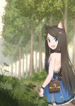  1girl :d absurdres aina_(mao_lian) animal_ear_fluff animal_ears backless_dress backless_outfit bare_back belt black_choker blue_dress blue_eyes blurry blurry_background breasts brown_belt brown_hair cat_ears cat_tail choker cowboy_shot day depth_of_field dress forest from_behind highres long_hair looking_at_viewer looking_back mao_lian_(nekokao) medium_breasts nature open_mouth original outdoors pouch smile solo standing tail tree 
