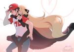  ! 1boy 1girl baseball_cap belt blonde_hair blush carrying closed_mouth coat commission cynthia_(pokemon) eyebrows_visible_through_hair flying_sweatdrops fur-trimmed_coat fur_trim hair_ornament hand_on_headwear hat heart kawaiikittyx3 long_hair long_sleeves pants piggyback pokemon pokemon_(game) pokemon_dppt pokemon_sm red_(pokemon) red_headwear second-party_source shirt short_hair short_sleeves signature smile t-shirt two-tone_shirt 