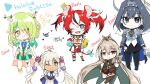  5girls airani_iofifteen_(artist) blonde_hair brown_hair ceres_fauna character_name chibi copyright_name green_hair grey_hair hakos_baelz highres holocouncil hololive hololive_english looking_at_viewer momosuzu_nene_(artist) multiple_girls nanashi_mumei ninomae_ina&#039;nis_(artist) one_eye_closed ouro_kronii redhead signature tsukumo_sana waving 