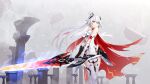  1girl absurdres bangs blue_hair cape commentary_request detached_sleeves earrings eyebrows_visible_through_hair greatsword hair_between_eyes hair_ornament highres holding holding_sword holding_weapon honkai_(series) honkai_impact_3rd jewelry kiana_kaslana kiana_kaslana_(herrscher_of_flamescion) long_hair looking_away sidelocks solo sword thigh-highs v-shaped_eyebrows weapon white_hair white_legwear youtuou zettai_ryouiki 