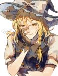 1girl aihara-rina artist_name braid buttons double-breasted gloves hair_between_eyes hat head_rest highres kirisame_marisa light_blush looking_at_viewer raised_eyebrows side_braid single_braid smile solo touhou white_background witch_hat yellow_eyes 