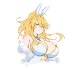  1girl ahoge animal_ears artoria_pendragon_(fate) artoria_pendragon_(swimsuit_ruler)_(fate) blonde_hair breasts clothing_cutout crown emu_(confisery) eyebrows_visible_through_hair fake_animal_ears fate/grand_order fate_(series) feather_boa green_eyes hair_between_eyes highres large_breasts leotard long_hair navel navel_cutout playboy_bunny ponytail rabbit_ears simple_background solo upper_body white_background 