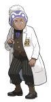 1boy :&lt; absurdres artist_request black_neckwear black_pants bow bowtie brown_footwear brown_vest buttons closed_mouth coat dark-skinned_male dark_skin facial_hair full_body hand_up hat highres labcoat laventon_(pokemon) male_focus official_art open_clothes open_coat outline pants pinstripe_pattern pocket pointing pointing_at_viewer pokemon pokemon_(game) pokemon_legends:_arceus purple_headwear purple_shirt shirt shoes solo standing striped transparent_background vest violet_eyes white_coat white_outline 