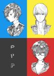  3boys amamiya_ren closed_mouth glasses greyscale headphones highres male_focus monochrome multiple_boys murata_tefu narukami_yuu persona persona_3 persona_4 persona_5 school_uniform yuuki_makoto 