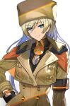  1girl ashiomi_masato blonde_hair blue_eyes breasts closed_mouth fingerless_gloves gloves guilty_gear guilty_gear_strive guilty_gear_xrd hat long_hair looking_at_viewer millia_rage orange_headwear simple_background smile solo white_background 