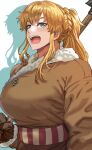  1girl blonde_hair blue_eyes daraz18aka fur_trim gloves highres long_hair looking_at_viewer open_mouth ponytail portrait solo_focus tunic viking vinland_saga ylva 