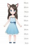  1girl :d absurdres aina_(mao_lian) animal_ear_fluff animal_ears bare_arms bare_shoulders blue_bow blue_dress blue_eyes blue_footwear bow brown_hair cat_ears child dot_nose dress fang hand_up height_chart highres long_hair looking_at_viewer mao_lian_(nekokao) open_mouth original parted_lips smile solo sundress 