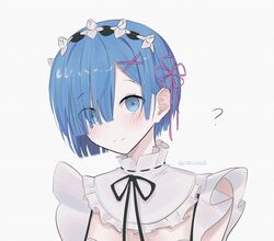  1girl ? artist_name bangs bare_shoulders blue_eyes blue_hair blush closed_mouth dress flower_knot frills hair_ornament hair_over_one_eye hair_ribbon looking_at_viewer maid neck_ribbon pink_ribbon re:zero_kara_hajimeru_isekai_seikatsu rem_(re:zero) ribbon roswaal_mansion_maid_uniform signature smile solo twitter_username white_background white_dress 