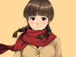  1girl bangs black_eyes blunt_bangs braid brown_hair closed_mouth commentary_request copyright_request hair_over_shoulder highres jacket long_hair looking_at_viewer red_scarf scarf simple_background smile solo tachibana_roku twin_braids upper_body yellow_background yellow_jacket 