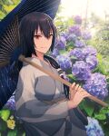  1girl black_hair closed_mouth eyebrows_visible_through_hair flower hair_between_eyes highres holding holding_umbrella hydrangea japanese_clothes kantai_collection kasumi_(skchkko) kimono light_smile long_hair long_sleeves nagato_(kancolle) obi oil-paper_umbrella photo_background purple_flower red_eyes sash solo umbrella upper_body wide_sleeves yukata 