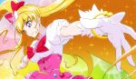 1girl asahina_mirai blonde_hair bow bowtie bracelet breasts clenched_hand closed_mouth collarbone cure_miracle earrings floating_hair fuchi_(nightmare) gloves hair_bow hairband hat high-waist_skirt high_ponytail jewelry large_breasts lens_flare long_hair mahou_girls_precure! mini_hat outstretched_arms outstretched_hand pink_background pink_hairband pink_headwear pink_skirt precure red_bow red_neckwear shiny shiny_hair shirt short_sleeves side_ponytail skirt smile solo sparkle upper_body very_long_hair violet_eyes white_gloves white_shirt witch_hat yellow_background 