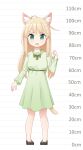  1girl :o absurdres animal_ears blonde_hair bow bowtie brown_footwear cat_ears cat_tail child dot_nose dress green_dress green_eyes green_neckwear hand_up height_chart highres long_hair looking_at_viewer mao_lian_(nekokao) open_mouth orange_bow original pigeon-toed puffy_short_sleeves puffy_sleeves shoes short_sleeves solo tail 