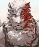  1boy animal_ears arknights black_tank_top blood blood_on_face chain_necklace face frown furry highres hinokumo_f looking_at_viewer male_focus mountain_(arknights) portrait scar scar_across_eye short_hair solo tank_top tiger_boy tiger_ears white_fur white_hair 