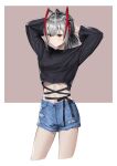  1girl absurdres arknights arms_up bangs bare_legs grey_hair hair_between_eyes highres looking_at_viewer multicolored_hair orange_hair redhead ribbon senba_(592683801) shirt short_hair shorts simple_background solo standing stomach torn_clothes torn_shorts w_(arknights) 