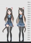  1girl absurdres aina_(mao_lian) animal_ear_fluff animal_ears bare_shoulders black_footwear black_legwear black_vest blue_eyes blue_neckwear blue_ribbon blue_skirt blush brown_hair cat_ears cat_tail closed_mouth collared_shirt height_chart highres long_hair looking_at_viewer mao_lian_(nekokao) miniskirt multiple_views neck_ribbon open_mouth original parted_lips pigeon-toed ribbon shirt shoes skirt sleeveless sleeveless_shirt smile tail thigh-highs vest white_shirt wing_collar zettai_ryouiki 
