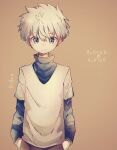  1boy blue_eyes brown_background character_name closed_mouth copyright_name eyebrows_visible_through_hair grey_hair hair_between_eyes hajikkoneko hands_in_pockets hatching_(texture) hunter_x_hunter killua_zoldyck male_focus simple_background smile solo turtleneck 