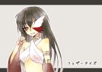  1girl ark_kan armlet bangs black_hair blush breasts brown_eyes commentary_request detached_sleeves eyebrows_visible_through_hair grey_background gypsy_(ragnarok_online) hair_between_eyes halter_top halterneck long_hair looking_at_viewer medium_breasts one_eye_covered open_mouth ragnarok_online red_sleeves solo translation_request two-tone_background upper_body 