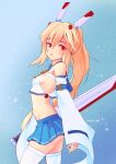  1girl arescr ass ayanami_(azur_lane) azur_lane bangs belt blonde_hair blue_skirt breasts choker commentary_request detached_sleeves eyebrows_visible_through_hair from_side greatsword hair_between_eyes hair_ornament hairclip head_tilt headgear long_hair looking_at_viewer looking_to_the_side midriff navel parted_lips pleated_skirt ponytail red_eyes retrofit_(azur_lane) ribbon-trimmed_sleeves ribbon_trim school_uniform serafuku sideboob sidelocks simple_background skirt solo thigh-highs white_legwear wide_sleeves zettai_ryouiki 