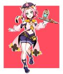  :3 animal_ears bag belt bottle carrying cat_ears cat_girl cat_tail detached_sleeves diona_(genshin_impact) forehead genshin_impact gloves green_eyes hat highres paw_print pink_hair puffy_detached_sleeves puffy_shorts puffy_sleeves rsutibu shorts skewer standing standing_on_one_leg tail thick_eyebrows tray two-tone_background white_gloves 