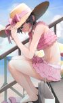  1girl :o absurdres barefoot bikini blurry blush bow depth_of_field frilled_bikini frills hat hat_bow highres holding holding_clothes holding_hat horizon idolmaster idolmaster_cinderella_girls innertube looking_at_viewer looking_to_the_side midriff navel ningen_mame ocean otokura_yuuki outdoors plaid plaid_bikini sandals_removed short_hair sitting solo stairs straw_hat sun_hat swimsuit 