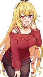  1girl absurdres bare_shoulders black-framed_eyewear black_legwear blonde_hair blush bra_strap breasts collarbone eyebrows_visible_through_hair glasses heterochromia highres hoshikawa_sara large_breasts long_hair long_sleeves looking_at_viewer nijisanji off-shoulder_sweater off_shoulder open_mouth orange_eyes pantyhose pink_eyes red_sweater smile smug solo sweater tyoko_tanuki16 union_jack virtual_youtuber 