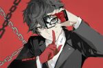  amamiya_ren bangs black_eyes black_hair black_jacket cellphone chain covering_mouth gloves hand_over_own_mouth highres holding holding_phone index_finger_raised jacket long_sleeves looking_at_viewer male_focus mask persona persona_5 phone red_background red_gloves shirt single_glove smartphone smile upper_body white_shirt wing_collar xing_20 