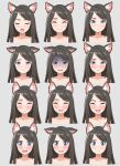  1girl 3: :d absurdres aina_(mao_lian) animal_ear_fluff animal_ears blue_eyes blush brown_hair cat_ears closed_mouth completely_nude disgust ears_down expressions grey_background highres long_hair looking_at_viewer mao_lian_(nekokao) multiple_views nude open_mouth original parted_lips portrait round_teeth shaded_face simple_background smile teeth upper_teeth 