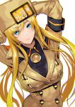  1girl ashiomi_masato blonde_hair blue_eyes breasts guilty_gear guilty_gear_strive hat long_hair looking_at_viewer millia_rage simple_background solo white_background 