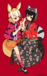  2girls alternate_costume animal_ears black_footwear black_hair black_skirt blonde_hair blue_bow boots bow brown_footwear casual commentary_request common_raccoon_(kemono_friends) extra_ears fennec_(kemono_friends) flag_print fox_ears fox_girl fox_tail grey_hair highres jacket kemono_friends long_skirt long_sleeves multicolored_hair multiple_girls nanana_(nanana_iz) necktie orange_shorts pink_legwear pink_shirt plaid plaid_shirt print_shorts raccoon_ears raccoon_girl raccoon_tail red_background red_jacket shirt shoes short_hair short_sleeves shorts skirt sneakers socks striped striped_neckwear tail white_hair 