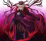  1girl absurdres armor artoria_pendragon_(fate) blonde_hair cape crown excalibur_morgan_(fate) fate/grand_order fate_(series) full_body highres nemurinemuri saber_alter sword weapon yellow_eyes 