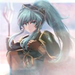  1girl alternate_hairstyle aqua_eyes aqua_hair armor bangs bracelet breastplate cape cosplay earrings eirika_(fire_emblem) elbow_gloves ephraim_(fire_emblem) ephraim_(fire_emblem)_(cosplay) eyebrows_visible_through_hair feh_xeri fire_emblem fire_emblem:_the_sacred_stones fire_emblem_heroes gloves hair_ornament highres holding holding_weapon jewelry lance long_hair looking_at_viewer official_alternate_costume polearm ponytail shoulder_armor sidelocks smile solo upper_body weapon 