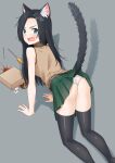  1girl absurdres all_fours anger_vein angry animal_ears ass bare_arms bare_shoulders black_hair black_legwear blue_eyes blush brown_shirt cat_ears cat_tail feet_out_of_frame from_behind green_skirt grey_background highres long_hair looking_at_viewer looking_back mao_lian_(nekokao) miniskirt open_mouth original panties shirt skirt sleeveless sleeveless_shirt solo spilling tail tail_raised thigh-highs underwear wavy_mouth white_panties 