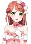  1girl absurdres apollo_(hu_maple) bangs blunt_bangs bow bowtie braid braided_bun buttons collarbone diamond_(gemstone) earrings flower gloves hair_bow hair_flower hair_ornament hairpin half_updo heart heart_earrings highres jewelry love_live! love_live!_nijigasaki_high_school_idol_club medium_hair off_shoulder orange_hair pink_bow pink_flower pink_hair pink_rose rose side_bun simple_background solo swept_bangs uehara_ayumu white_background white_gloves wrist_cuffs yellow_eyes 