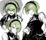  1girl angry bangs black_dress black_gloves blush clenched_teeth commentary_request crying dangan_ronpa_(series) dangan_ronpa_v3:_killing_harmony dress eyes_visible_through_hair gloves green_eyes hair_over_one_eye hand_up highres long_sleeves looking_at_viewer maid_headdress necktie open_mouth pale_skin pink_neckwear portrait shiny shiny_hair shirt short_hair simple_background spider_web_print suurin_(ksyaro) sweat tears teeth toujou_kirumi 