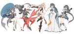  5girls :o bangs bare_shoulders black_gloves black_hair blue_dress blue_eyes breasts brown_legwear china_dress chinese_clothes closed_mouth dress fu_hua fu_hua_(phoenix) fu_hua_(shadow_knight) fu_hua_(valkyrie_accipter) full_body glasses gloves hair_between_eyes high_heels highres holding holding_umbrella honkai_(series) honkai_impact_3rd long_hair long_sleeves looking_at_viewer mogomaco multicolored_hair multiple_girls multiple_persona oil-paper_umbrella open_mouth ponytail red_eyes simple_background single_thighhigh sleeveless sleeveless_dress small_breasts streaked_hair thigh-highs umbrella white_background white_dress white_hair 