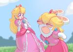 :o blonde_hair blue_eyes blue_sky blush_stickers buck_teeth commentary crown dress dress_pull dylean elbow_gloves english_commentary eye_contact gloves highres long_hair looking_at_another mario_+_rabbids_kingdom_battle outdoors pink_dress princess_peach puffy_short_sleeves puffy_sleeves rabbid rabbid_peach raving_rabbids short_sleeves signature sky super_mario_bros. white_gloves
