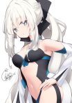  1girl bangs bare_shoulders beni_shake black_bow black_leotard blush bow braid breasts closed_mouth commentary_request detached_sleeves eyebrows_visible_through_hair fate/grand_order fate_(series) grey_eyes grey_hair hair_between_eyes hair_bow hand_on_hip leotard long_hair long_sleeves looking_at_viewer medium_breasts morgan_le_fay_(fate) ponytail signature simple_background solo very_long_hair white_background white_sleeves 