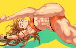  1girl abs bandaid bandaid_on_face blue_eyes breasts buruma captain_mizuki daraz18aka earrings highres jewelry large_breasts long_hair looking_at_viewer muscular muscular_female one-punch_man open_mouth orange_hair solo sports_bra sweat thighs under_boob 
