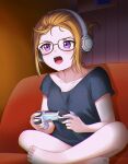  1girl bespectacled black_shirt chromatic_aberration collarbone commentary controller couch english_commentary game_controller glasses hair_pulled_back headphones indian_style jan_azure love_live! love_live!_superstar!! open_mouth orange_hair playstation_controller shibuya_kanon shirt sitting solo t-shirt v-shaped_eyebrows violet_eyes 
