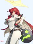  1girl ass bangs belt bodysuit breasts candy center_opening chain food gloves green_eyes guilty_gear guilty_gear_strive halo high_heels jack-o&#039;_valentine lollipop long_hair looking_at_viewer medium_breasts multicolored_hair ozkh redhead smile solo two-tone_hair white_hair 
