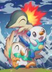  :d absurdres closed_eyes commentary_request cyndaquil day fang fire flame gen_2_pokemon gen_5_pokemon gen_7_pokemon grass highres mountain no_humans nullma open_mouth oshawott outdoors pokemon pokemon_(creature) rowlet smile starter_pokemon_trio tongue 