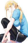  1girl absurdres bangs blonde_hair breasts fish_hair_ornament hair_ornament hairclip highres kneeling large_breasts long_hair open_mouth original pants ponytail seisei_tamago shirt shoes sneakers solo tying_footwear white_background yellow_eyes 