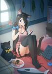  1girl aina_(mao_lian) animal_ear_fluff animal_ears bangs bed black_hair black_legwear blue_bow blue_eyes book bow cat_ears cat_tail choker dress feet hair_bow hair_ornament highres mao_lian_(nekokao) open_book open_mouth original pillow sitting solo stuffed_animal stuffed_toy swept_bangs tail teddy_bear thigh-highs window 