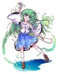  1girl arm_up armpits blue_skirt brown_footwear detached_sleeves eyebrows_visible_through_hair frilled_skirt frills frog_hair_ornament full_body gohei green_eyes green_hair hair_ornament highres holding kochiya_sanae long_hair looking_at_viewer open_mouth shen_li shoes skirt snake_hair_ornament socks solo standing touhou white_legwear wide_sleeves 