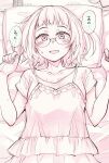  1girl camisole cellphone futon glasses greyscale highres kou1 lying mole monochrome on_back open_mouth original phone pillow pink_theme shirt smartphone smile solo sweatdrop t-shirt tatami translation_request upper_body 