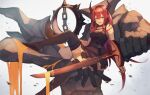  1girl arknights bare_shoulders commentary highres horns long_hair looking_at_viewer molten_rock mutsuki_albino pantyhose redhead simple_background slit_pupils solo surtr_(arknights) thigh_strap violet_eyes 