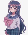  1girl ameko53133 arms_behind_back bangs black_hair blue_hair blue_skirt blush bow collarbone dangan_ronpa:_trigger_happy_havoc dangan_ronpa_(series) eyebrows_visible_through_hair grey_shirt hair_ornament hairclip highres long_hair looking_at_viewer maizono_sayaka miniskirt pink_bow pink_neckwear plaid plaid_skirt pleated_skirt sailor_collar school_uniform serafuku shirt simple_background skirt smile solo white_background 